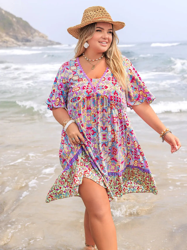 Plus Size Lace Detail Printed Half Sleeve Dress | Hanalas