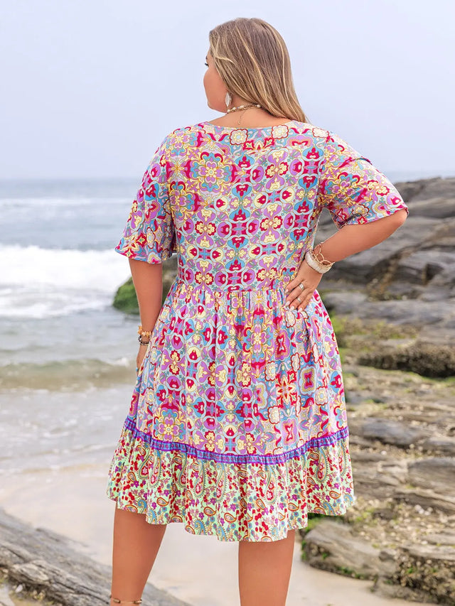 Plus Size Lace Detail Printed Half Sleeve Dress | Hanalas