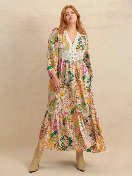 Plus Size Lace Detail Printed V-Neck Balloon Sleeve Dress | Hanalas