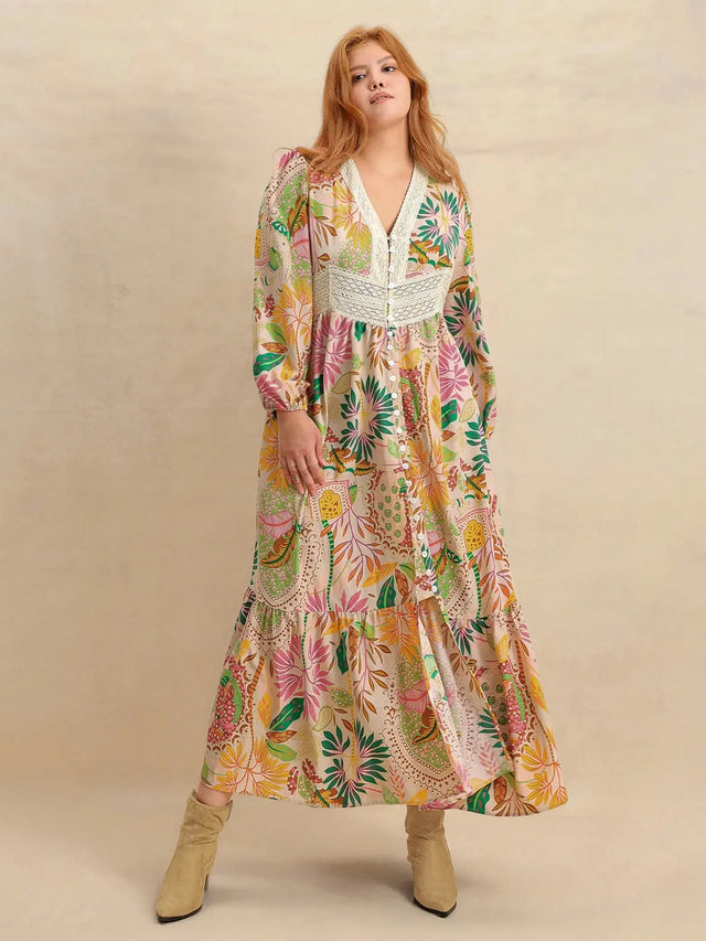 Plus Size Lace Detail Printed V-Neck Balloon Sleeve Dress | Hanalas