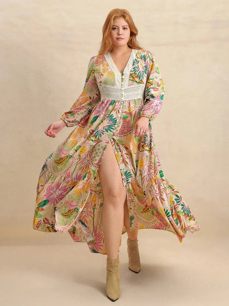 Plus Size Lace Detail Printed V-Neck Balloon Sleeve Dress | Hanalas