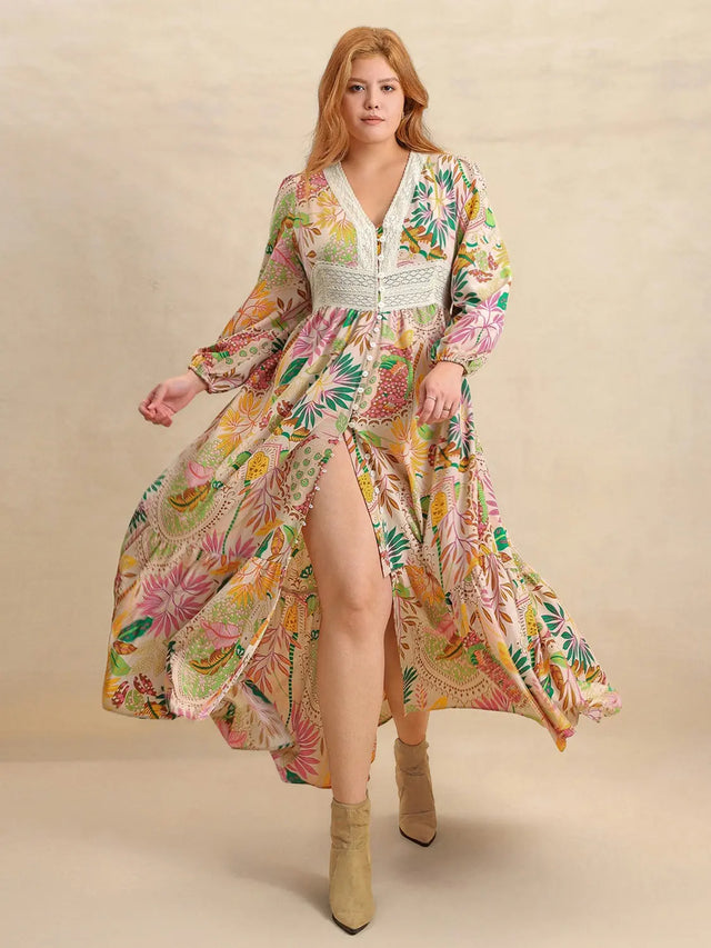 Plus Size Lace Detail Printed V-Neck Balloon Sleeve Dress | Hanalas
