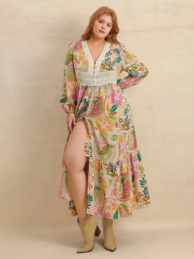 Plus Size Lace Detail Printed V-Neck Balloon Sleeve Dress | Hanalas