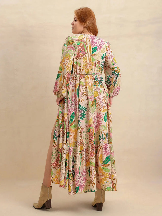 Plus Size Lace Detail Printed V-Neck Balloon Sleeve Dress | Hanalas