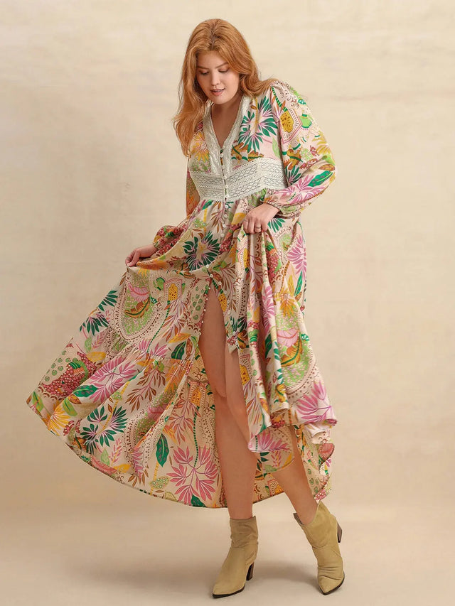 Plus Size Lace Detail Printed V-Neck Balloon Sleeve Dress | Hanalas