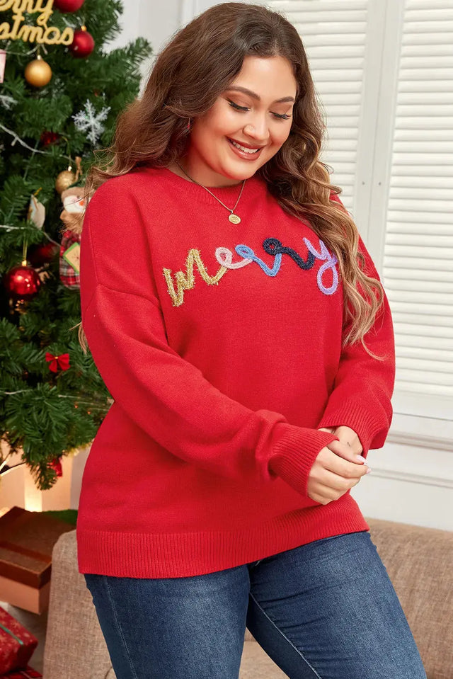 Plus Size MERRY Round Neck Long Sleeve Sweater Trendsi Hanalas