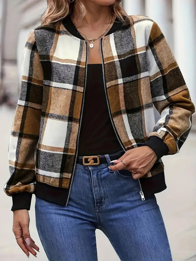 Plus Size Plaid Baseball Collar Zip Up Jacket Trendsi Hanalas