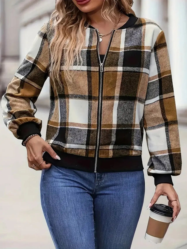 Plus Size Plaid Baseball Collar Zip Up Jacket Trendsi Hanalas