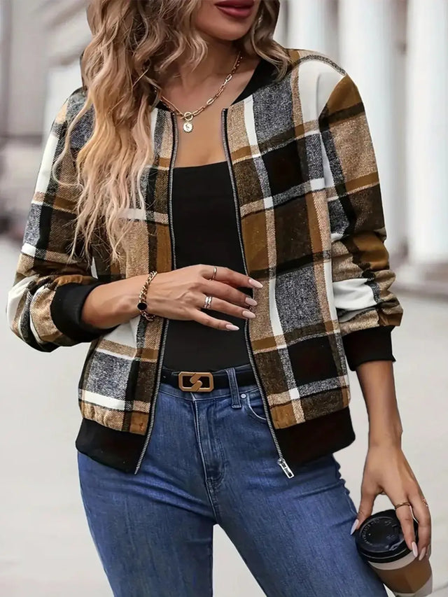 Plus Size Plaid Baseball Collar Zip Up Jacket Trendsi Hanalas