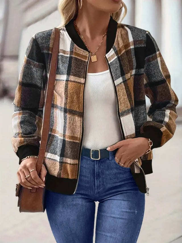 Plus Size Plaid Baseball Collar Zip Up Jacket Trendsi Hanalas