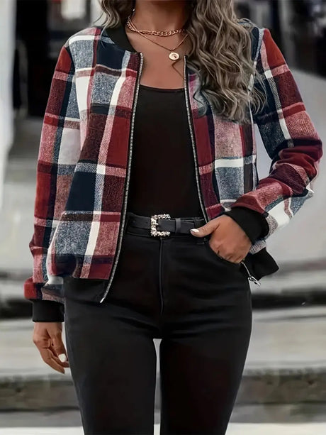 Plus Size Plaid Baseball Collar Zip Up Jacket Trendsi Hanalas