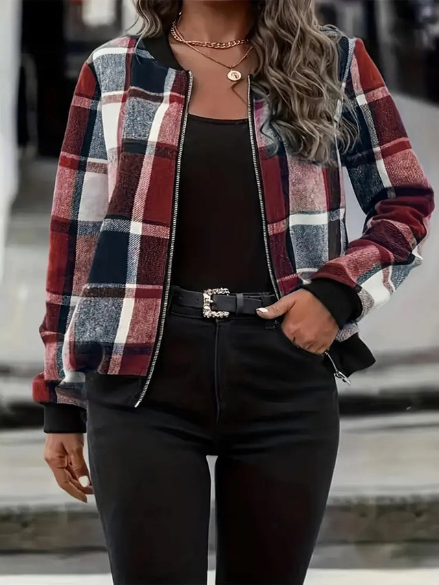 Plus Size Plaid Baseball Collar Zip Up Jacket Trendsi Hanalas