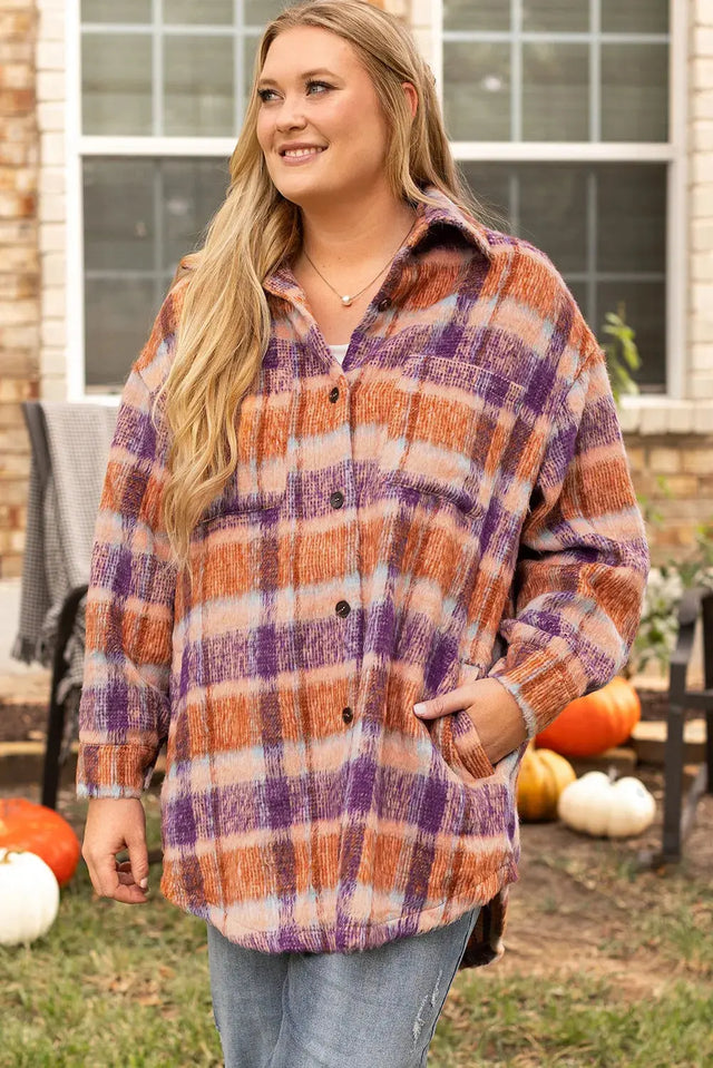 Plus Size Plaid Collared Neck Long Sleeve Jacket Trendsi Hanalas