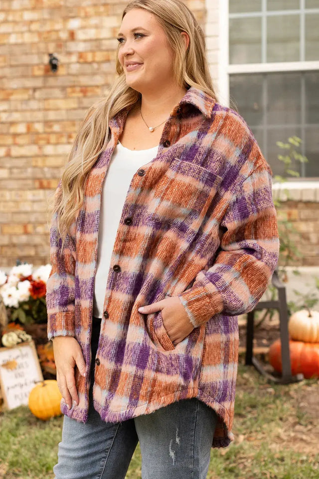 Plus Size Plaid Collared Neck Long Sleeve Jacket Trendsi Hanalas