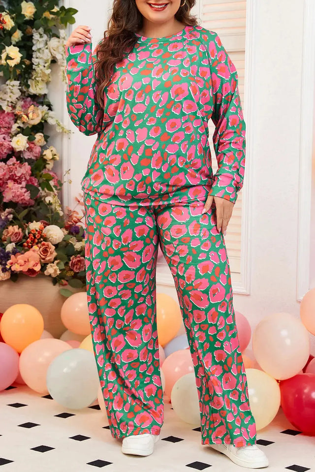 Plus Size Printed Round Neck Long Sleeve Top and Pants Set Trendsi Hanalas