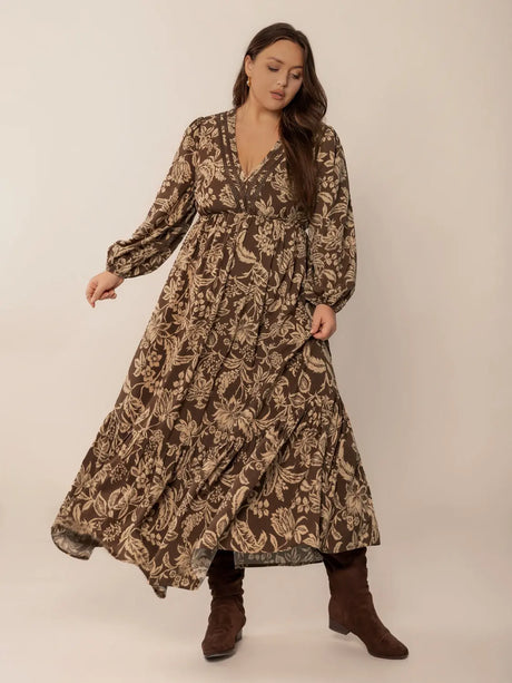 Plus Size Printed V-Neck Balloon Sleeve Maxi Dress | Hanalas