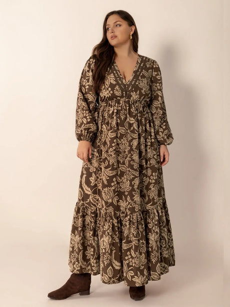 Plus Size Printed V-Neck Balloon Sleeve Maxi Dress | Hanalas