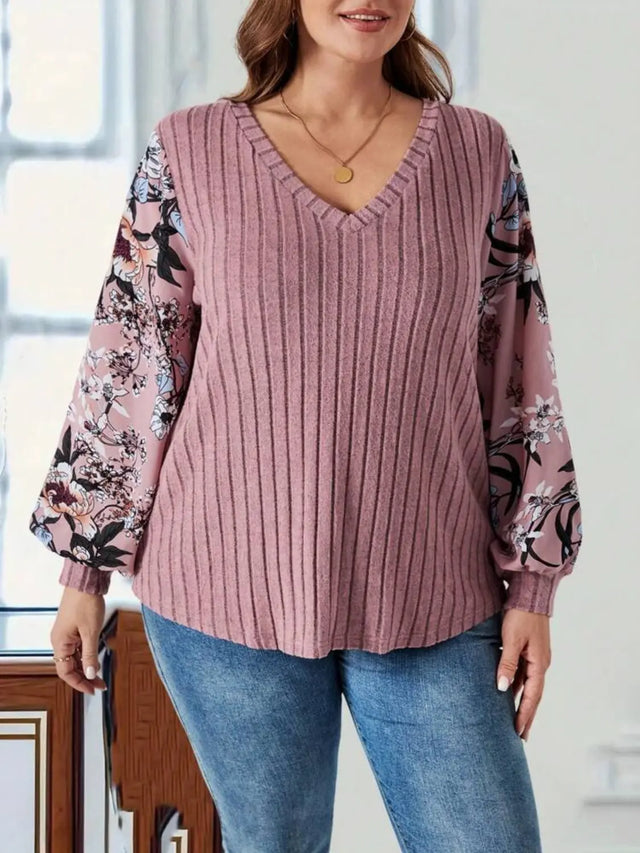 Plus Size Printed V-Neck Long Sleeve T-Shirt Trendsi Hanalas