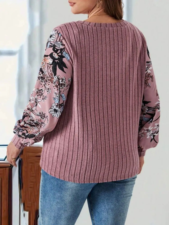 Plus Size Printed V-Neck Long Sleeve T-Shirt Trendsi Hanalas