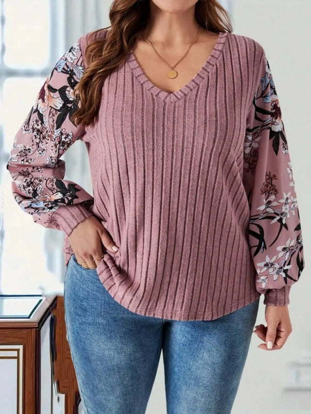 Plus Size Printed V-Neck Long Sleeve T-Shirt Trendsi Hanalas