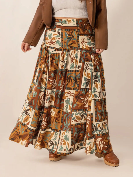 Plus Size Ruched Printed Maxi Skirt | Hanalas