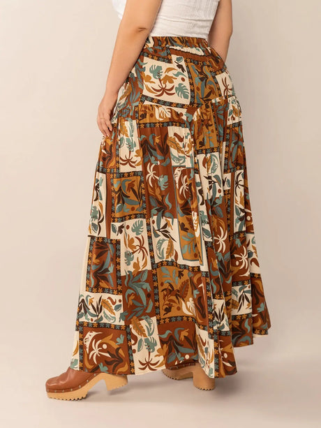 Plus Size Ruched Printed Maxi Skirt | Hanalas