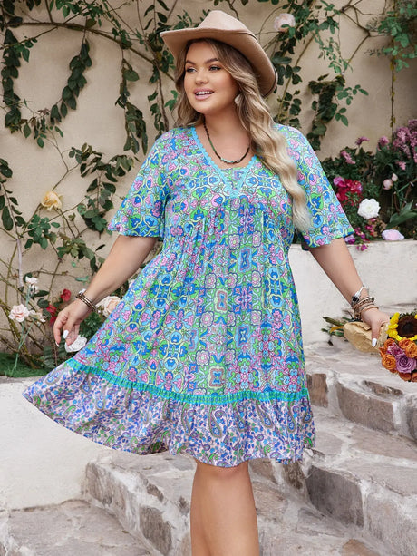 Plus Size Ruffled Hem Lace Detail Printed Half Sleeve Dress | Hanalas