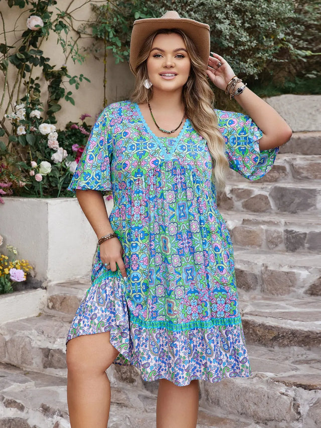 Plus Size Ruffled Hem Lace Detail Printed Half Sleeve Dress | Hanalas