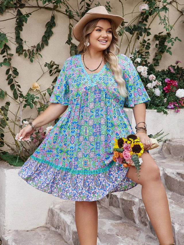 Plus Size Ruffled Hem Lace Detail Printed Half Sleeve Dress | Hanalas