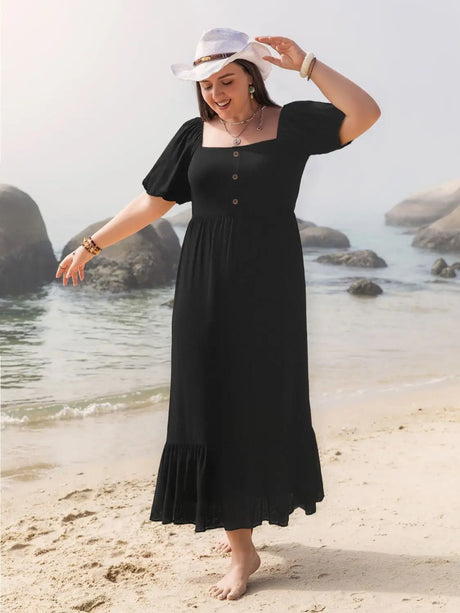 Plus Size Ruffled Hem Square Neck Short Sleeve Dress | Hanalas