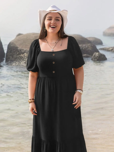 Plus Size Ruffled Hem Square Neck Short Sleeve Dress | Hanalas