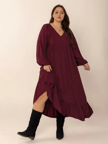 Plus Size Ruffled Hem V-Neck Balloon Sleeve Dress | Hanalas