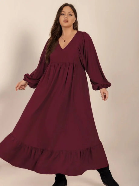 Plus Size Ruffled Hem V-Neck Balloon Sleeve Dress | Hanalas