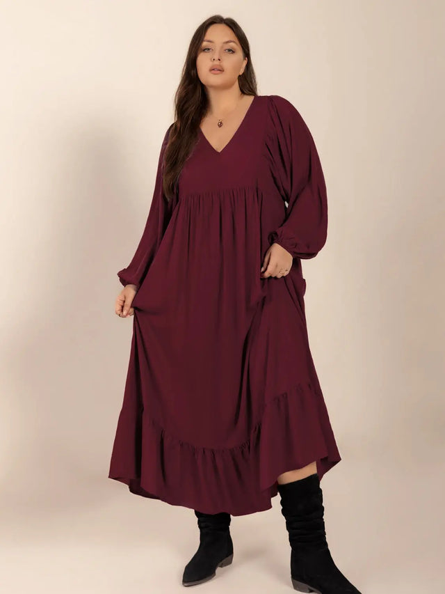 Plus Size Ruffled Hem V-Neck Balloon Sleeve Dress | Hanalas