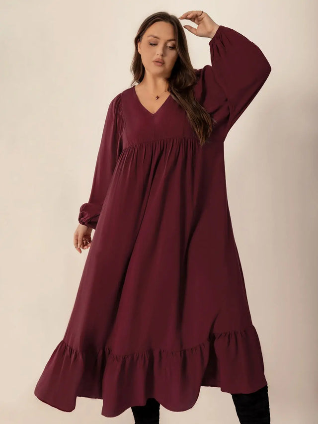 Plus Size Ruffled Hem V-Neck Balloon Sleeve Dress | Hanalas