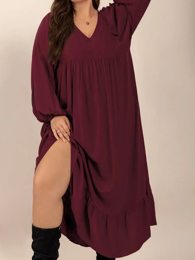 Plus Size Ruffled Hem V-Neck Balloon Sleeve Dress | Hanalas