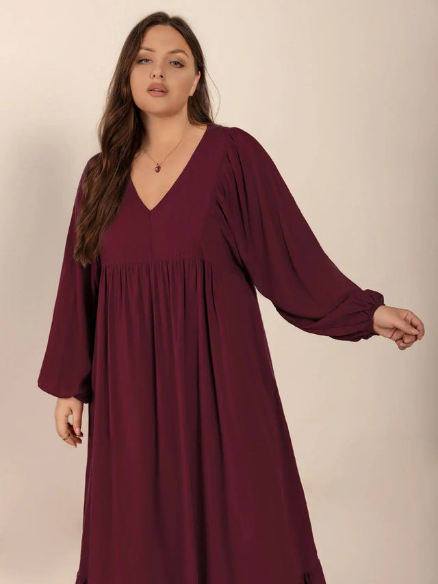 Plus Size Ruffled Hem V-Neck Balloon Sleeve Dress | Hanalas