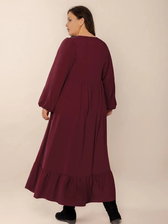 Plus Size Ruffled Hem V-Neck Balloon Sleeve Dress | Hanalas