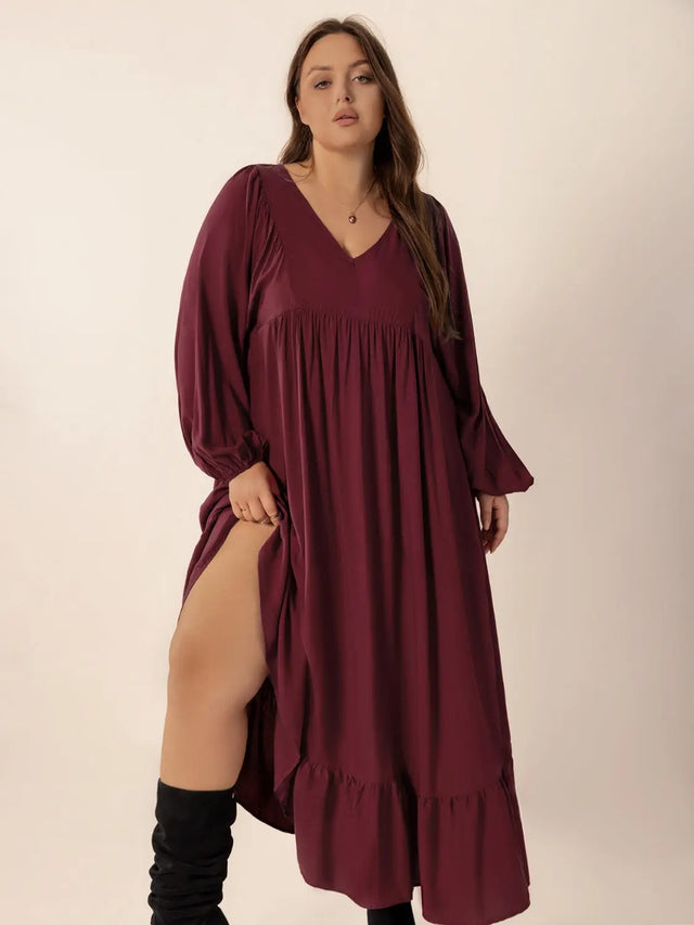 Plus Size Ruffled Hem V-Neck Balloon Sleeve Dress | Hanalas