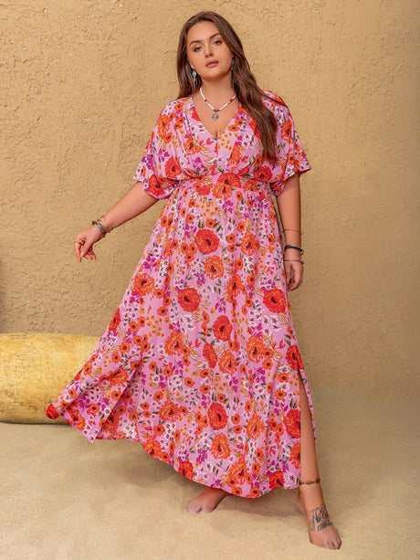 Plus Size Slit Floral V-Neck Half Sleeve Maxi Dress | Hanalas