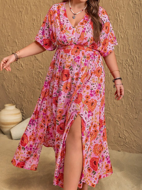 Plus Size Slit Floral V-Neck Half Sleeve Maxi Dress | Hanalas