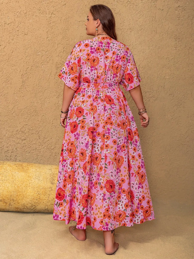Plus Size Slit Floral V-Neck Half Sleeve Maxi Dress | Hanalas