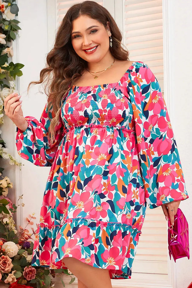 Plus Size Smocked Floral Square Neck Balloon Sleeve Dress Trendsi Hanalas