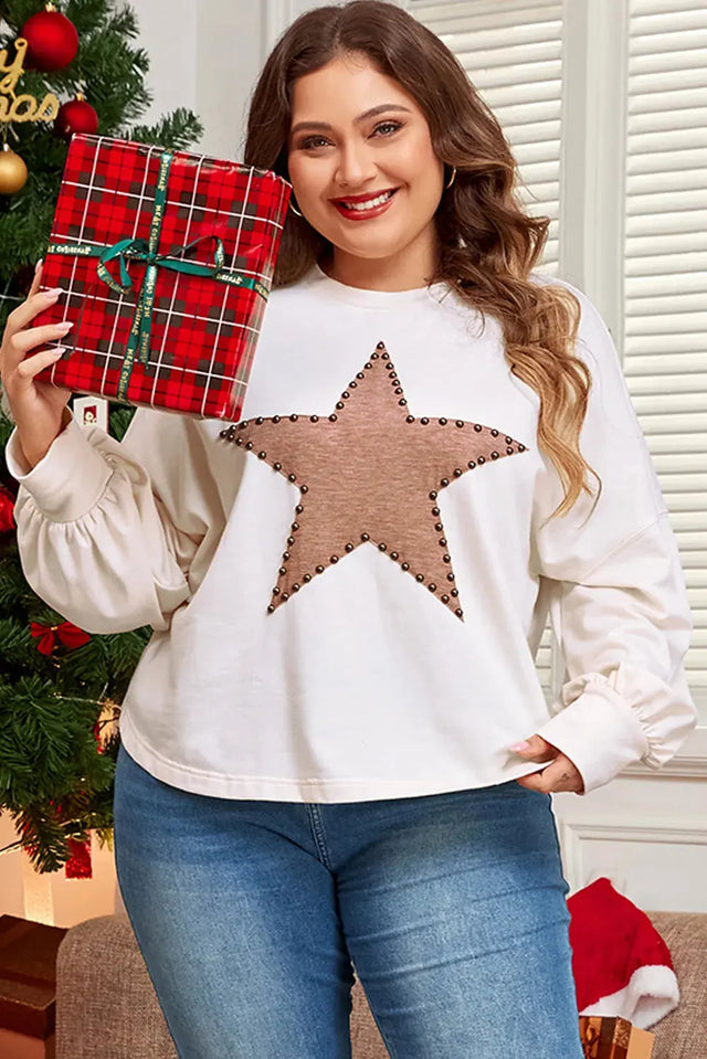 Plus Size Studded Star Round Neck Long Sleeve Blouse Trendsi Hanalas