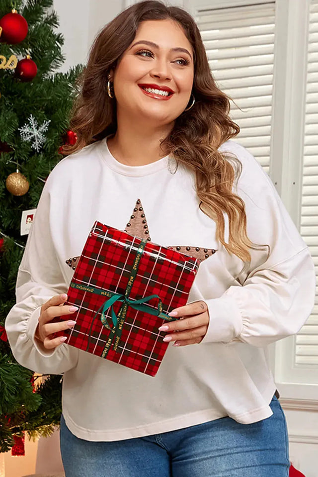 Plus Size Studded Star Round Neck Long Sleeve Blouse Trendsi Hanalas