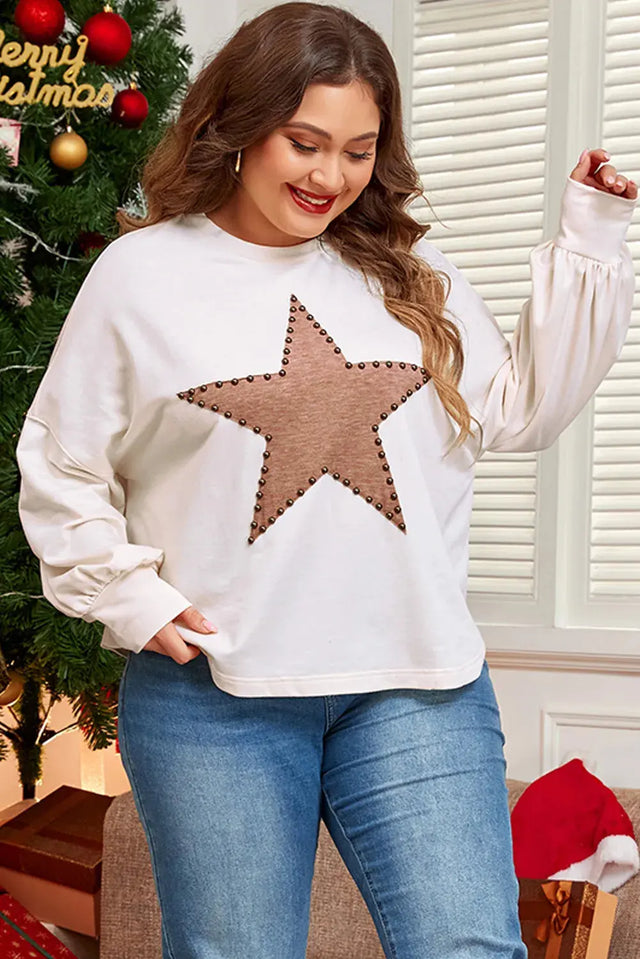 Plus Size Studded Star Round Neck Long Sleeve Blouse Trendsi Hanalas