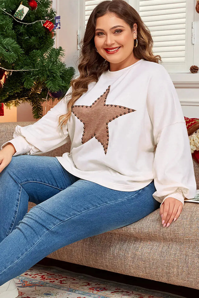 Plus Size Studded Star Round Neck Long Sleeve Blouse Trendsi Hanalas