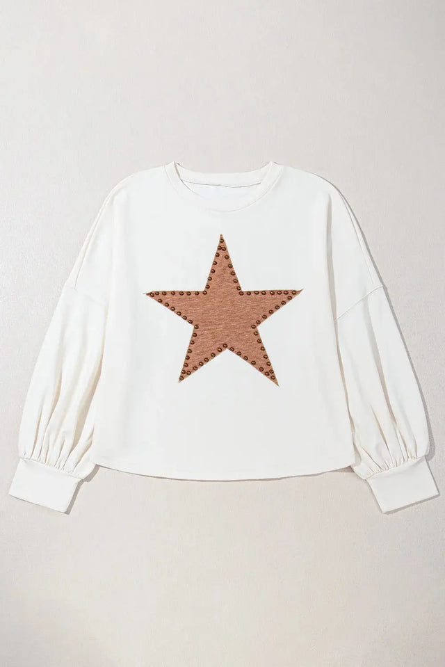 Plus Size Studded Star Round Neck Long Sleeve Blouse Trendsi Hanalas