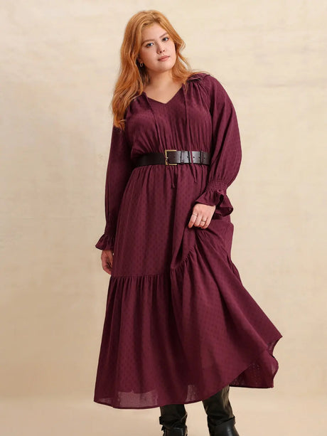 Plus Size Swiss Dot Tie Neck Flounce Sleeve Maxi Dress | Hanalas