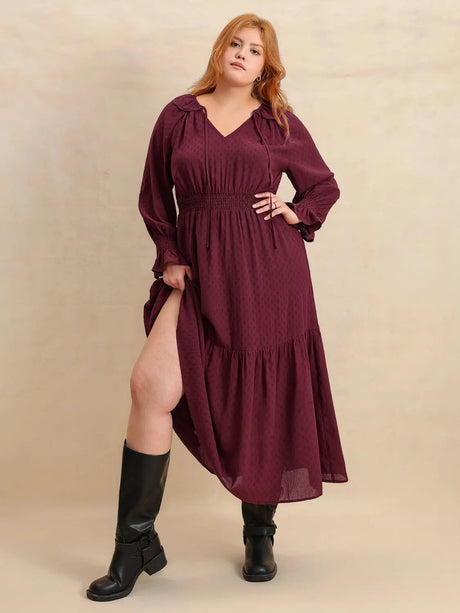 Plus Size Swiss Dot Tie Neck Flounce Sleeve Maxi Dress | Hanalas